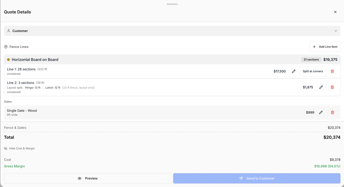Historical estimate detail with fence lines, a wood gate, item pricing, and quote preview and send controls.