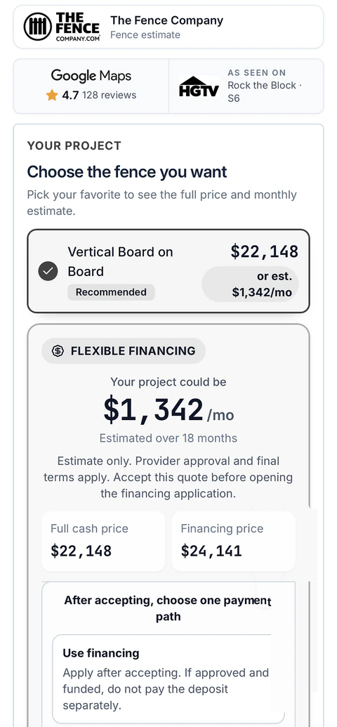 Customer quote showing a board-on-board fence option, cash price, estimated monthly financing, and payment-path instructions.